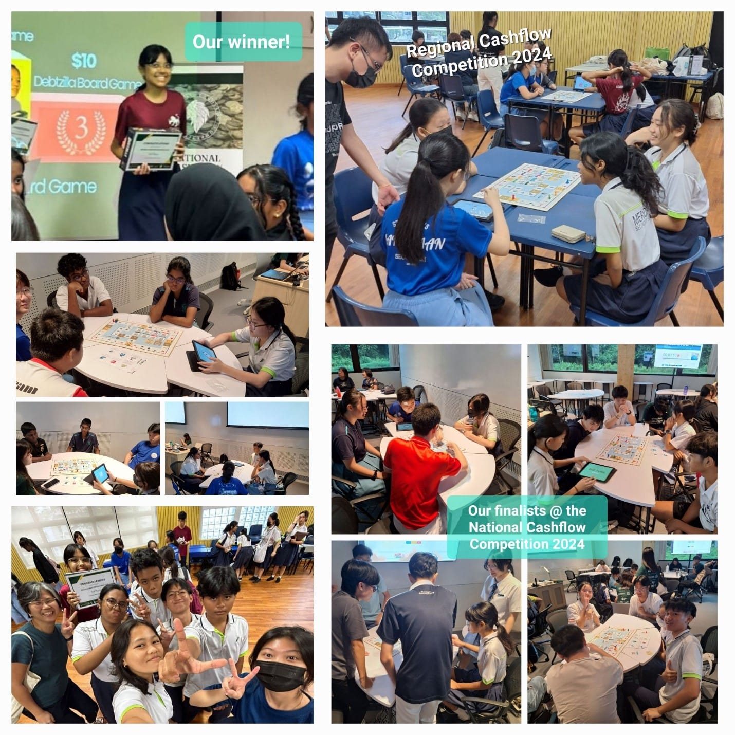 Students competing at the Regional and National Cashflow Competition 2024, playing board games at tables, with a winner holding a certificate.
